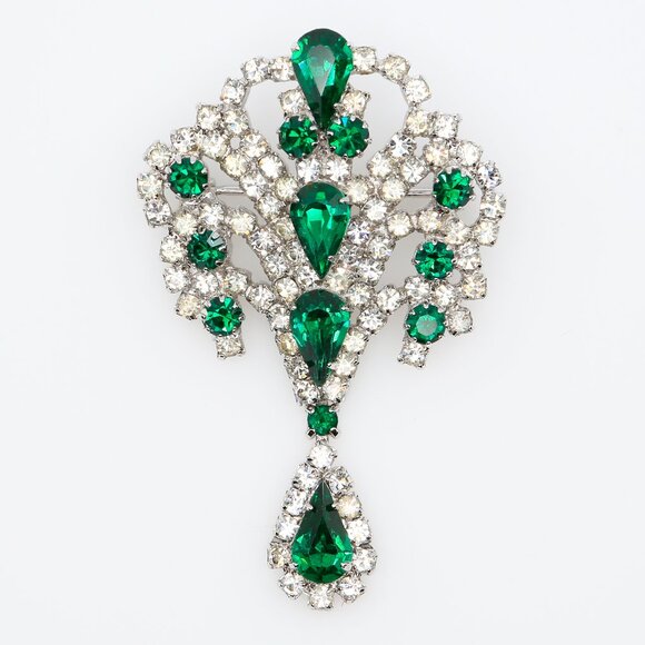 Vintage Weiss Emerald Green Rhinestones Brooch With Dangling Teardrop Drop 1950s - Picture 1 of 4